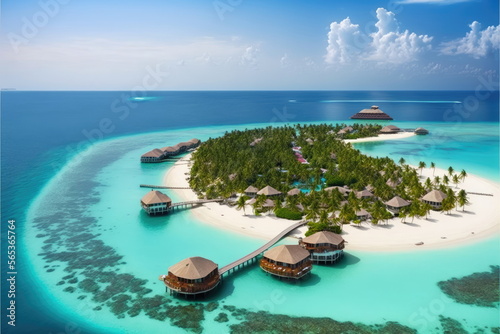 maldives luxury resort, beautiful sea, hotel, blue sky, top view, Made by AI,Art Fototapet