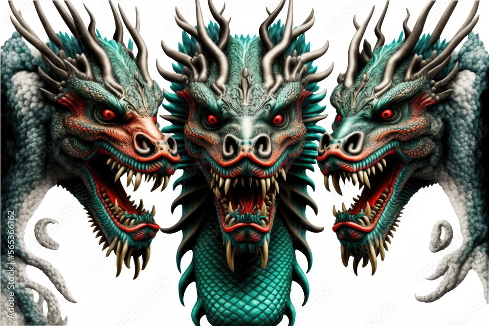 three heads of chinese dragon on white background, Made by AI ...
