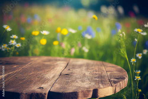 Wildflowers and wooden table background created with generative Ai technology photo