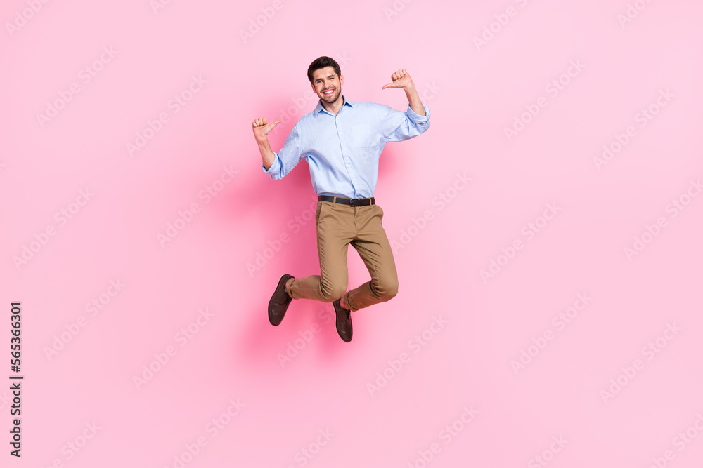 Full length photo of cheerful positive man stylish clothes two arm point himself rejoice career promotion isolated pink color background