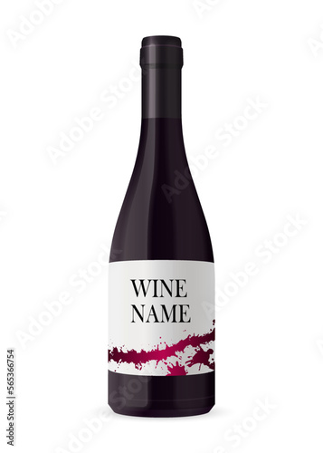 Wine bottle with label isolated on white background. Red Wine black bottle, made in a realistic style. Alcoholic drink. Product mock up for branding. Vector illustration. 