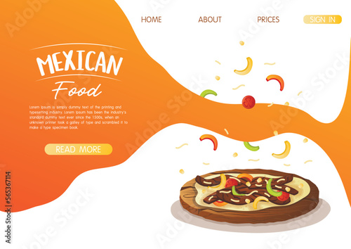 Website landing page template with mexican dish fajita on a wooden tray. Fast food restaurant and street food snacks, meat tortillas, takeaway food delivery