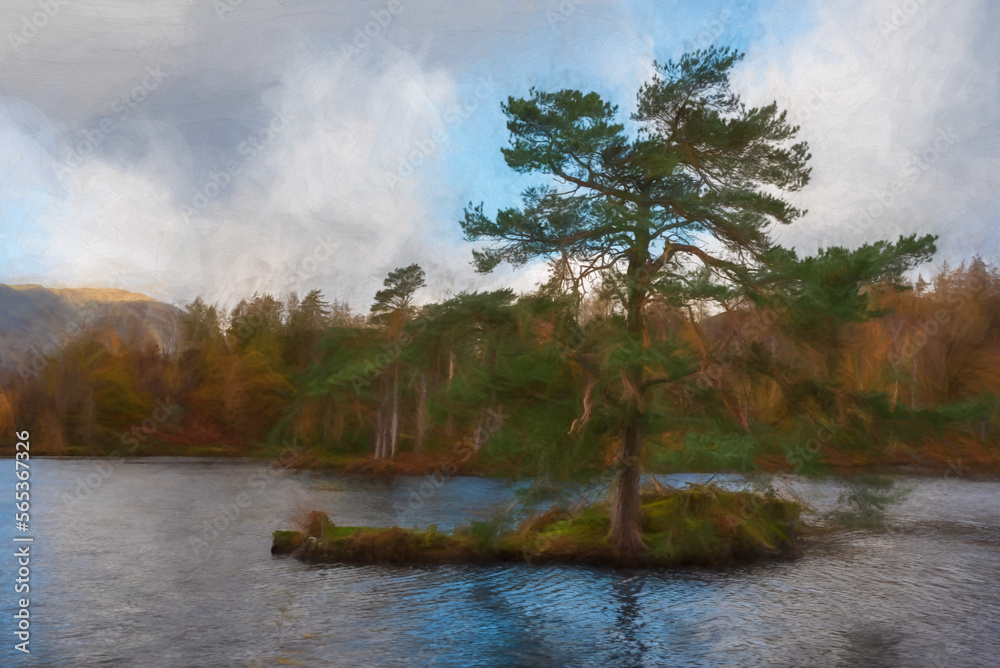 Digital painting of Tarn Hows in the English Lake District with views of Yewdale Crag, and Holme Fell during autumn. Digital painting of Tarn Hows in the English Lake District with views of Yewdale Crag, and Holme Fell during autumn.