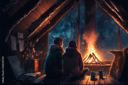 A romantic young couple enjoying the fire in a cabin in the middle of the forest on Saint Valentine's Day. Generative ai