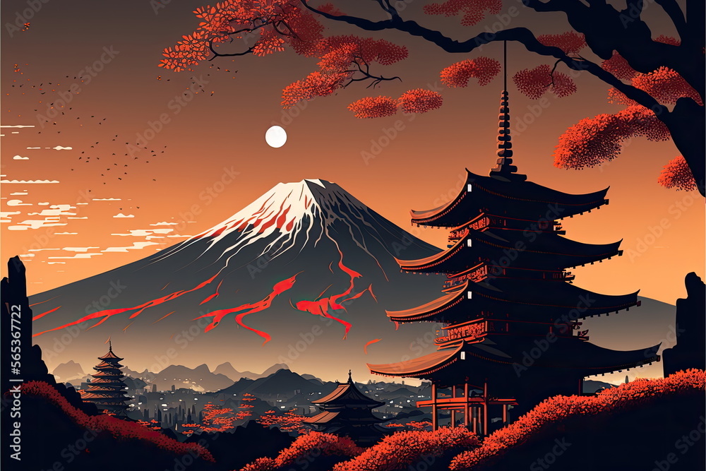 nice landscape with temple and fuji mountain , japan, Made by AI,Artificial intelligence