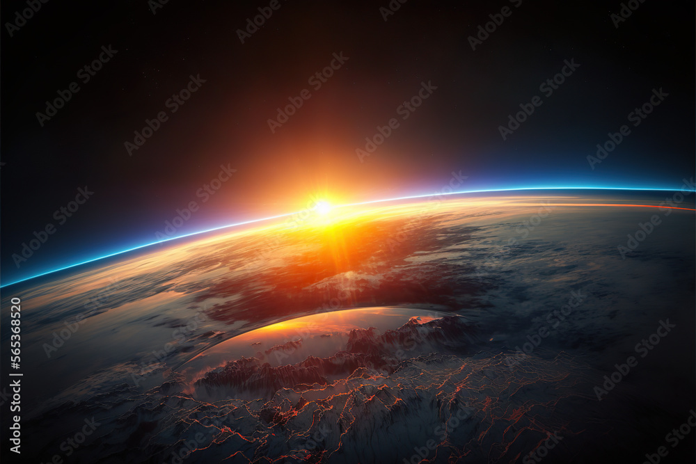 Sunrise over planet Earth, view from space. 