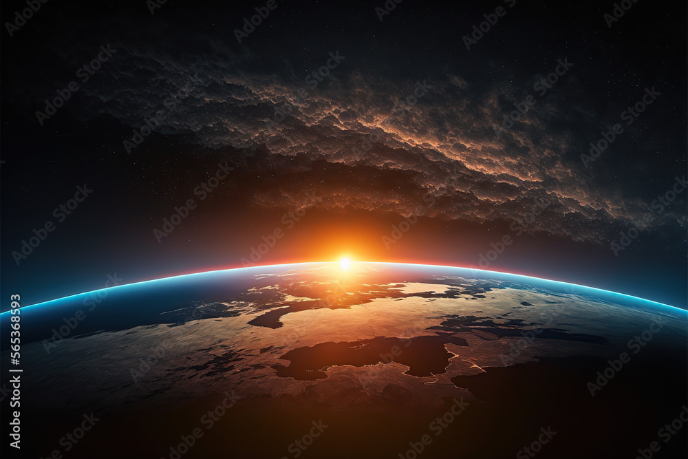 Sunrise over planet Earth, view from space. 