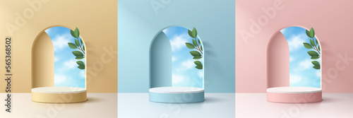 Set of pink, yellow, blue, white 3D background with product podium and cloud blue sky, green leaf. Minimal wall scene mockup product stage showcase, Promotion display. Abstract vector geometric forms.