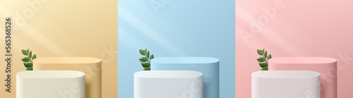 Set of pink, yellow, blue, white 3D background with round stand products podium and green leaf. Minimal wall scene mockup product stage showcase, Promotion display. Abstract vector geometric forms.