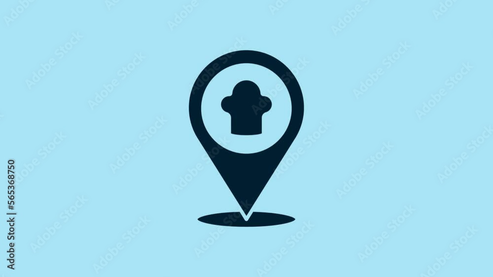 Blue Chef hat with location icon isolated on blue background. Cooking symbol. Cooks hat. 4K Video motion graphic animation Blue Chef hat with location icon isolated on blue background. Cooking symbol. Cooks hat. 4K Video motion graphic animation