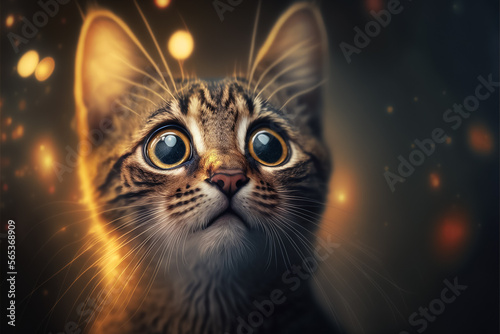A closeup of the eyes of a beautiful long hair cat looking up in a mystic light. Generative ai.