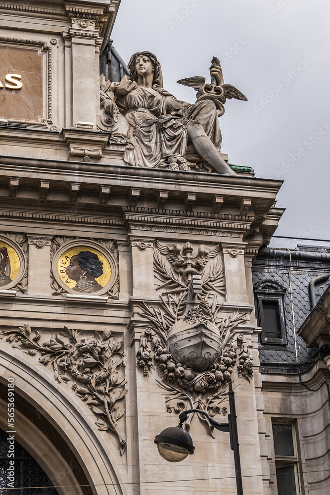 Architectural fragments of the BNP Paribas building on 14 rue Bergere (1881). Paris. France.