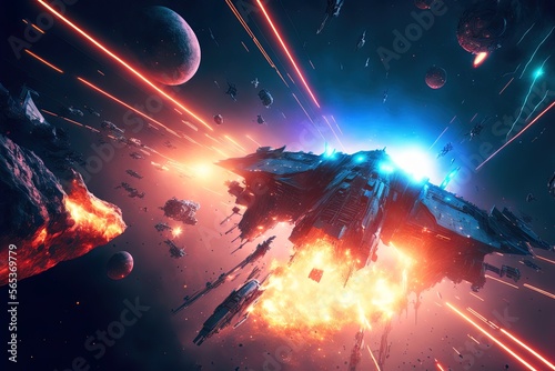 Fototapeta Spaceships versus battleships shooting lasers, exploding stars, and other cosmic