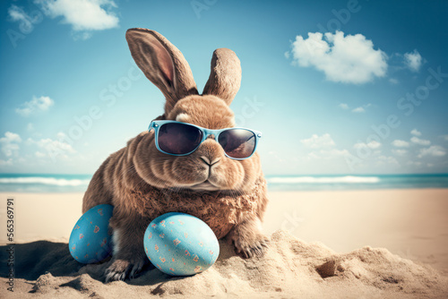 Easter bunny with easter eggs on the beach. Generative AI.