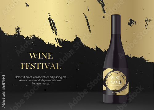 Wine bottle with label on white background. Realistic 3d Black bottle with red liquid. Product placement mock up banner for branding. Grunge luxury golden background stage. Vector illustration.
