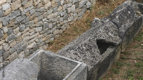 Broken Stone Tomb Coffins at a Roman City Ruin, Close Up