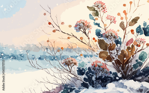 Winter flower colorful art watercolor background vector. Hand painted watercolor and gold brush texture  Flower and botanical leaves hand drawing. 
