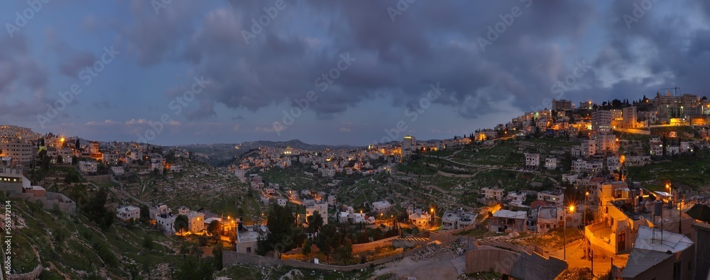 Fototapeta premium View on streets with night lights in old historical biblical city Bethlehem in palestine region in Israel on evening
