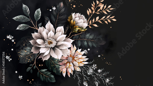 Delicate floral watercolor pattern, floral pattern for textile and background, watercolor peony flowers and black leaves and white flower watercolor art black background. 