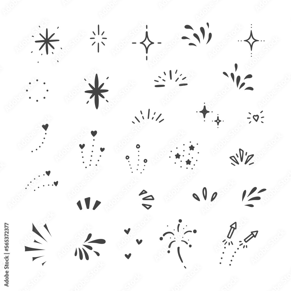 Naklejka premium A set of simple hand-drawn decorative illustrations. There are various illustrations such as sparkles, stars, hearts, drops, emphasis icons, fireworks etc.