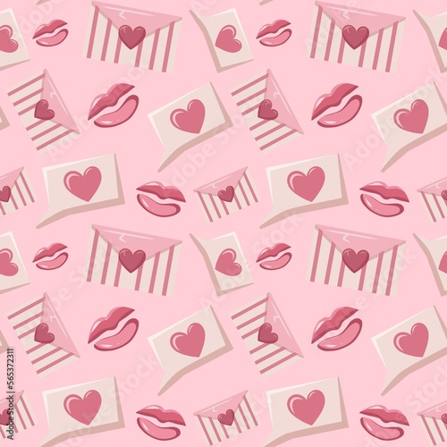 Seamless Valentine's Day pattern on pink background with hearts, kiss, love letter and heart message