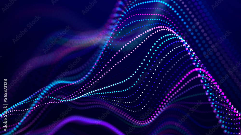 Futuristic pattern of dots on a dark background. Colored musical wave. Technological or scientific banner. 3D rendering Futuristic pattern of dots on a dark background. Colored musical wave. Technological or scientific banner. 3D rendering