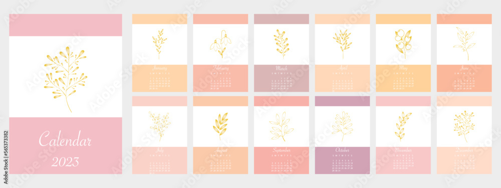 Vector illustration. Calendar for 2023. Botanical theme. Concept with abstract leaves and flowers in gold. Set from 12 months.