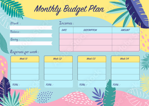 Vector illustration of beautiful budget planner template with tropical background and space for text