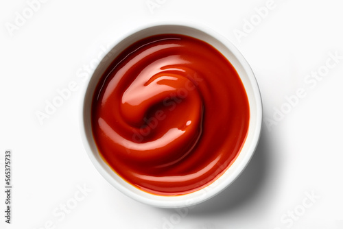 Delicious top view ketchup in white bowl isolated on white background. Portion of tomato sauce with clipping path. One of the collection of various sauces