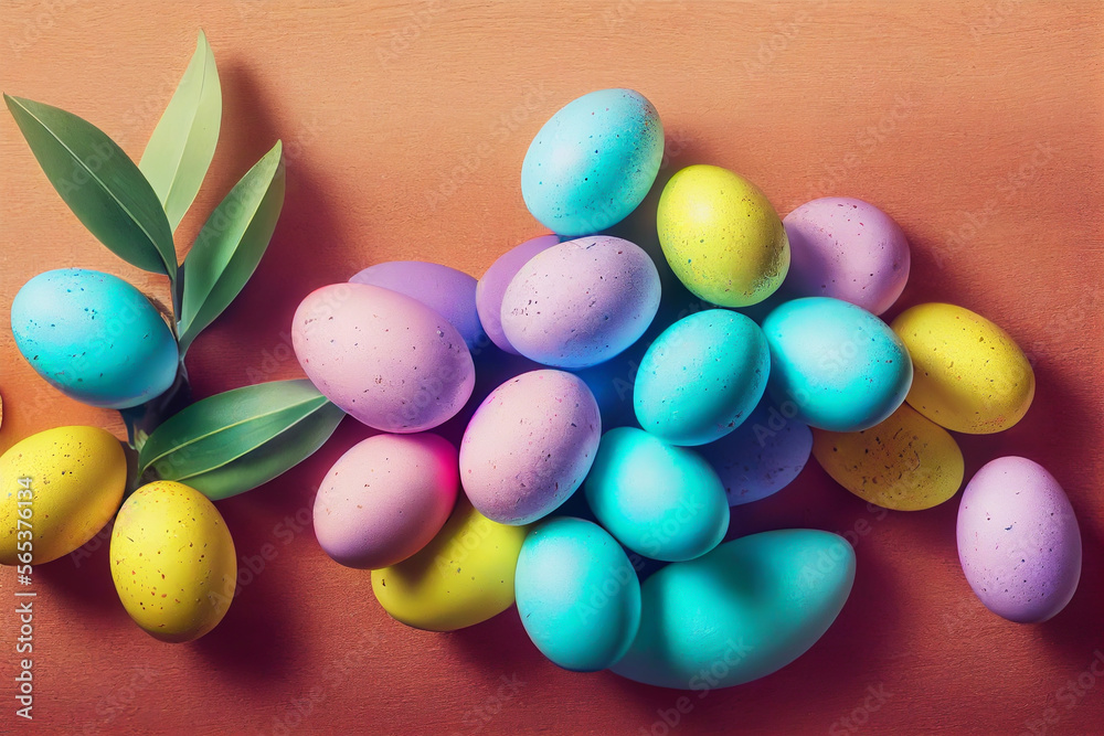 Colorful easter eggs and branch with flowers on wooden desk Generative AI Content by Midjourney Colorful easter eggs and branch with flowers on wooden desk Generative AI Content by Midjourney