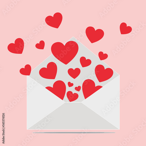 open envelope, rain of red hearts coming out decorative for happy valentines day, love, romance, pink background, vector illustration