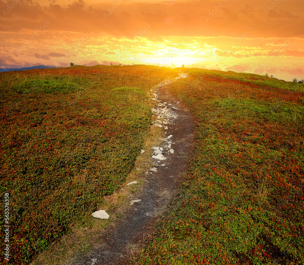 trail to sunset in mountains