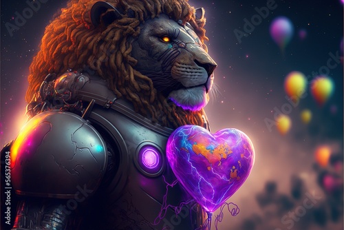 Cyborg lion in astronaut suit close up holding heart shape magical balloon on valentine's day. Generative AI photo