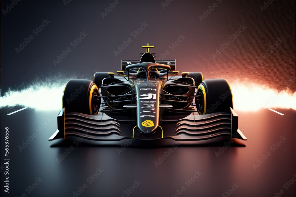 Black F1 racing car speeding around the track, surrounded by vibrant neon lights, perfect for Graphics, Banners and website. - Generative AI