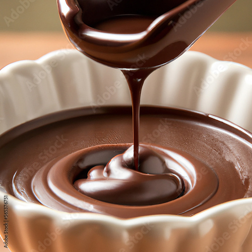 illustrazione generata con intelligenza artificiale di cioccolato fuso rovesciato in una ciotola piena di cioccolata liquida photo
