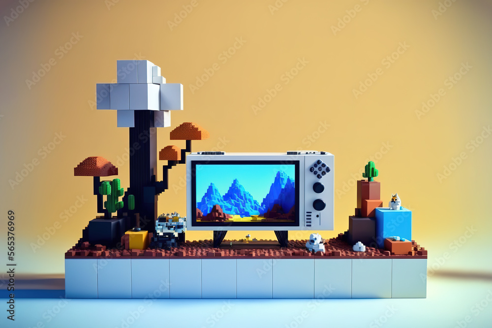 Voxel art vintage console video game place over a table with an old TV