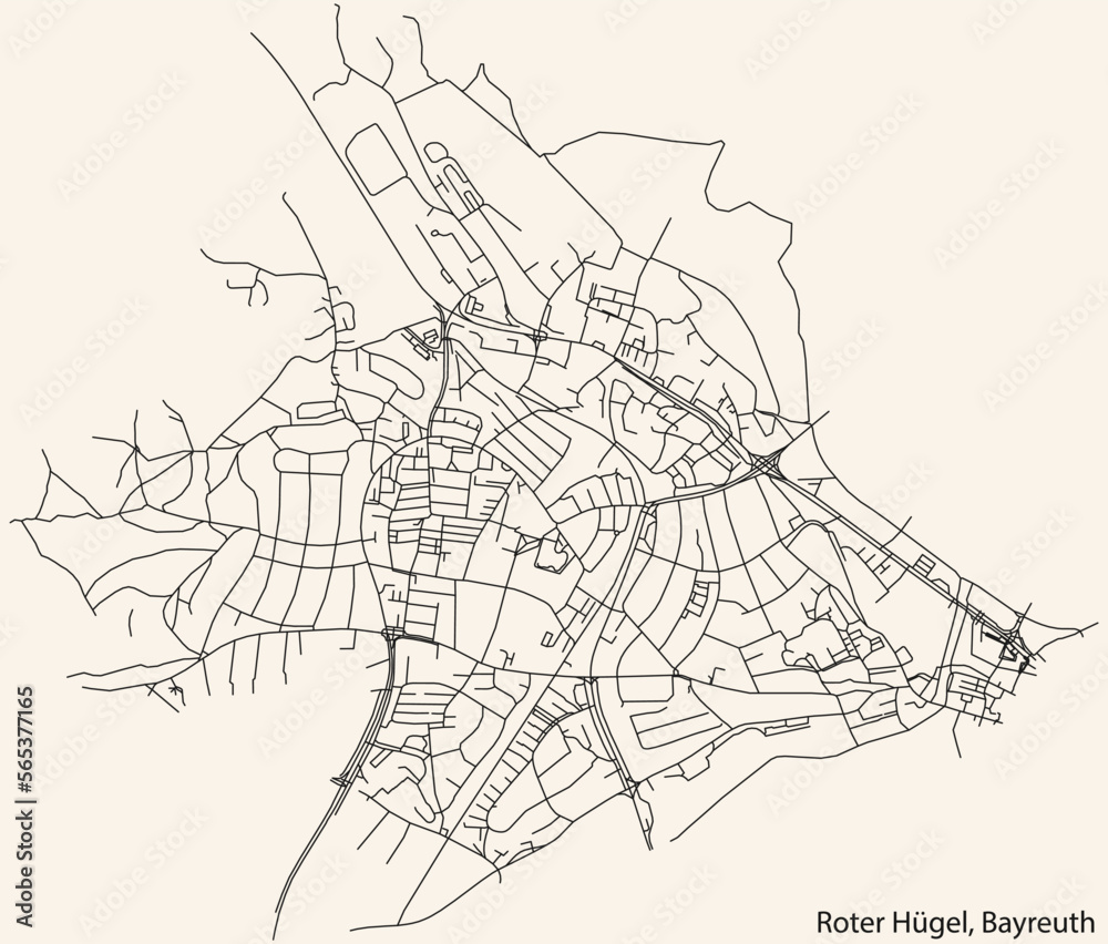 Detailed navigation black lines urban street roads map of the ROTER HÜGEL DISTRICT of the German town of BAYREUTH, Germany on vintage beige background Detailed navigation black lines urban street roads map of the ROTER HÜGEL DISTRICT of the German town of BAYREUTH, Germany on vintage beige background