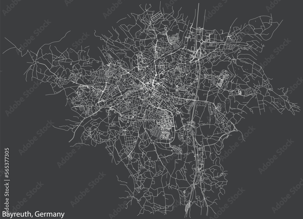 Detailed negative navigation white lines urban street roads map of the German town of BAYREUTH, GERMANY on dark gray background
