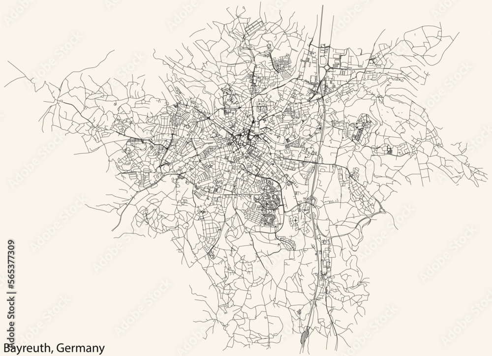 Detailed navigation black lines urban street roads map of the German town of BAYREUTH, GERMANY on vintage beige background