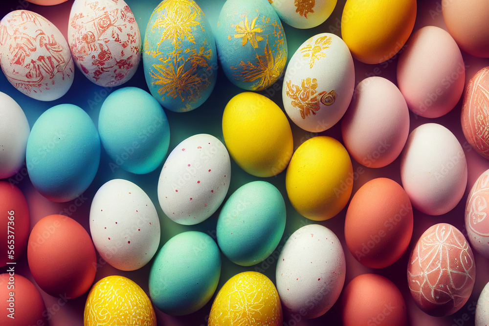 Many decorated easter eggs as background top view Generative AI Content by Midjourney