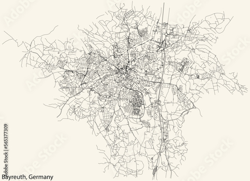 Detailed navigation black lines urban street roads map of the German town of BAYREUTH, GERMANY on vintage beige background