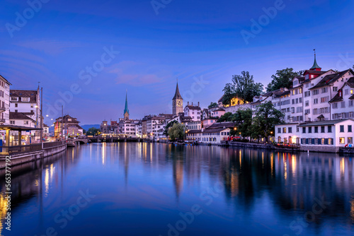 Zurich evening skyline above the Limmat River