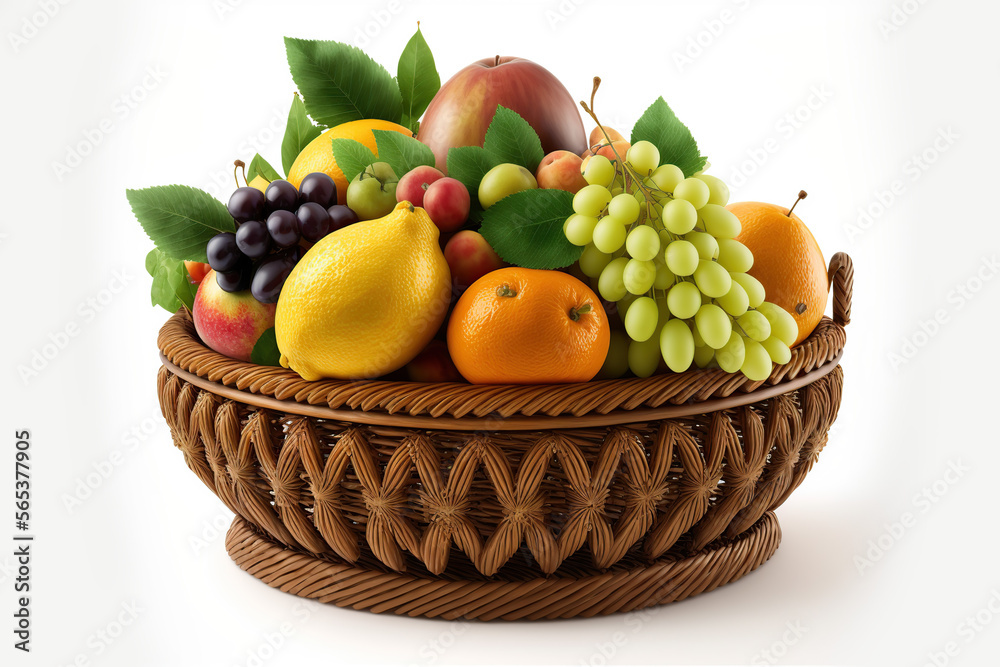 Fruits in wicker basket isolated on white background Fruits in wicker basket isolated on white background