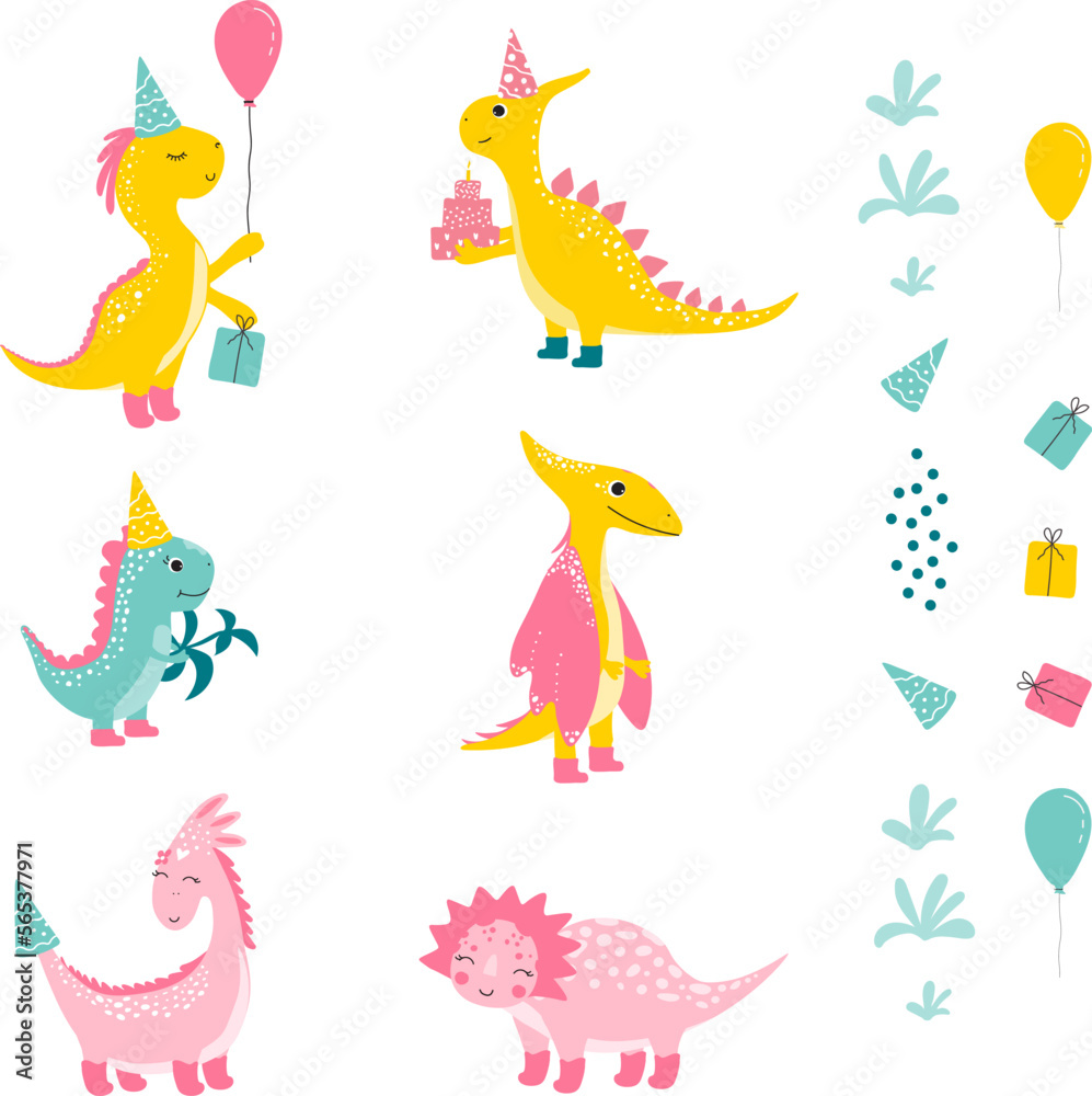 Fototapeta premium set elements with cutes dinosaur, baby shower greeting card. For Print kids bedding, fabric, wallpaper, wrapping paper, textile, t-shirt print