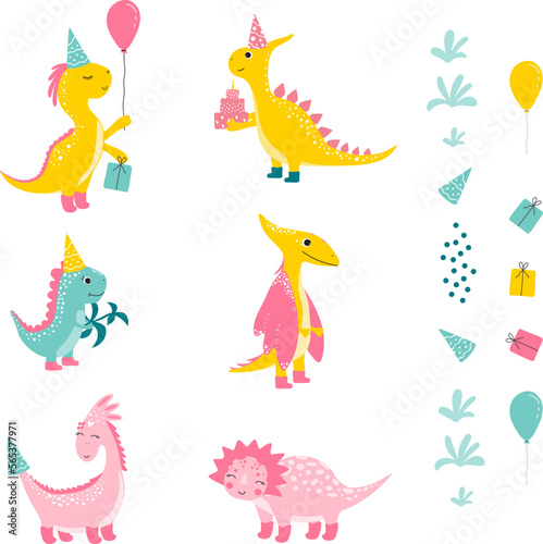 set elements with cutes dinosaur  baby shower greeting card. For Print kids bedding  fabric  wallpaper  wrapping paper  textile  t-shirt print