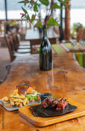 typical meat dishes with rice in country restaurant