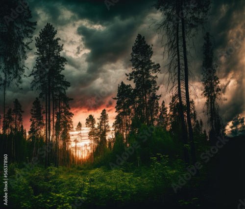 sunset in the forest created with Generative AI technology