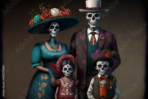 Family portrait, dressed for the Day of the Dead, Mexico. Generative AI