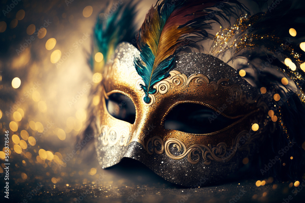 Golden mask with feathers. Venice Carnival Generated Ai.	

