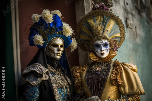 Generative Ai of people wearing masks at the Venice Carnival.   © belyaaa